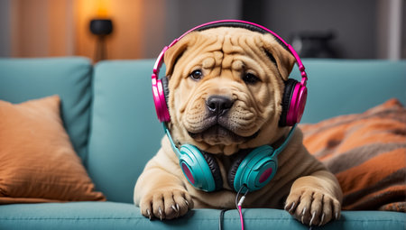 Cute shar pei dog with headphones listening to music at homeの素材
