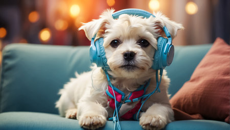 Cute little dog with headphones listening to music on sofa at homeの素材