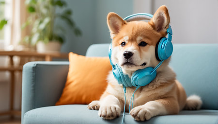 Cute shiba inu dog with headphones on sofa at homeの素材