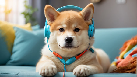 Cute shiba inu dog with headphones on sofa at homeの素材