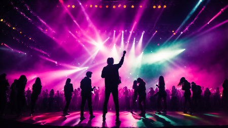 Silhouettes of people at a concert in front of a bright stageの素材
