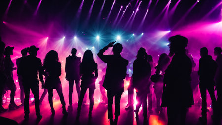 Silhouettes of people at a concert in front of a bright stageの素材
