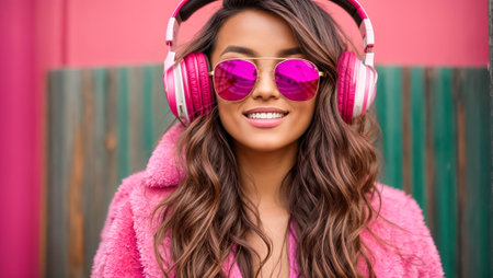 beautiful young african american woman in pink wig and sunglasses listening music with headphones on blueの素材