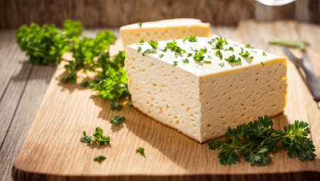Tofu cheese with parsley on a yellow plate on a white backgroundの素材