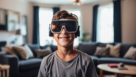 Cute little boy wearing virtual reality goggles and smiling while playing at homeの素材