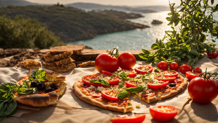 Pizza with mozzarella cheese, tomatoes and basil on a wooden tableの素材