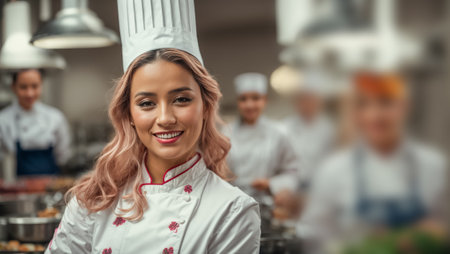 portrait of smiling female chef in uniform looking at camera in kitchenの素材