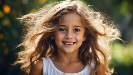 Portrait of a beautiful little girl with long curly hair in the parkの素材