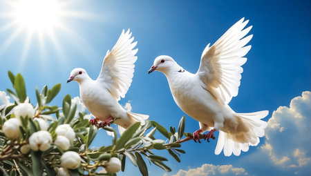 White dove flying on a background of blue sky with sun rays.の素材