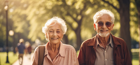 Portrait of happy senior couple walking in park. They are looking at camera and smilingの素材