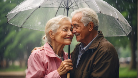senior couple in raincoat and hat with umbrella looking at cameraの素材