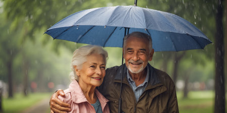 senior couple in raincoat and hat with umbrella looking at cameraの素材