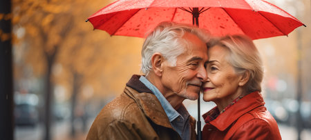 senior couple in raincoat and hat with umbrella looking at cameraの素材