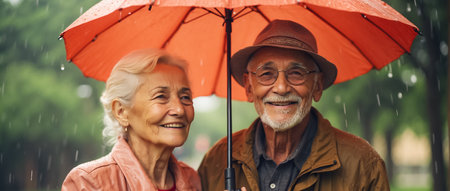 senior couple in raincoat and hat with umbrella looking at cameraの素材