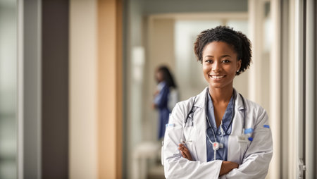 Portrait of happy african american female doctor standing in hospitalの素材