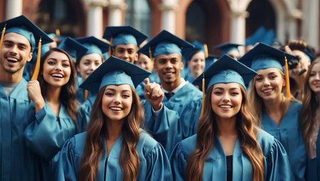 Portrait of a group of graduates in cap and gowns on graduation dayの素材