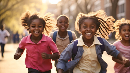 Happy african american school kids running together in the street.の素材