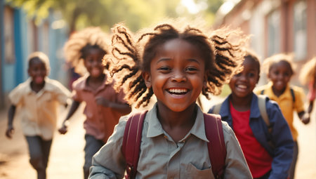 Happy african american school kids running together in the street.の素材