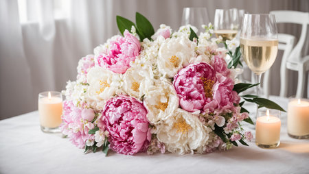 Wedding bouquet of peonies and champagne glasses on a marble tableの素材