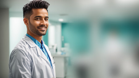 smiling indian male doctor in white coat with stethoscopeの素材