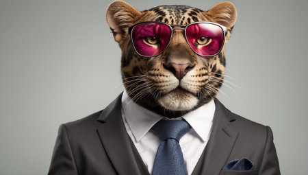 Portrait of a panther in a business suit and orange glassesの素材