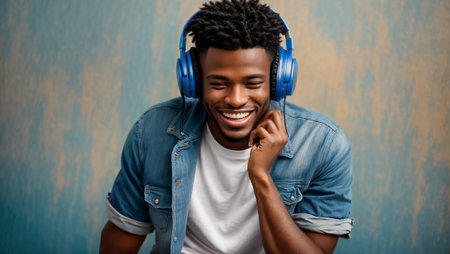 happy african american man listening to music with headphones isolated on greyの素材