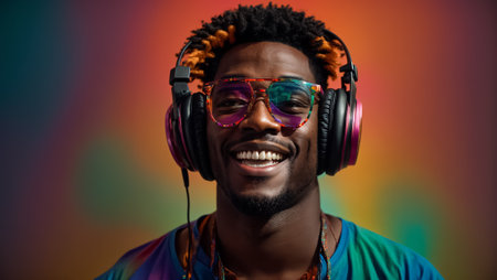 happy african american man listening to music with headphones isolated on greyの素材