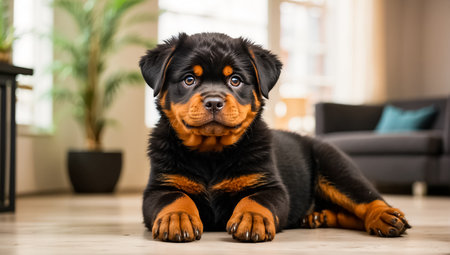 Rottweiler puppy lying on carpet in living room at homeの素材