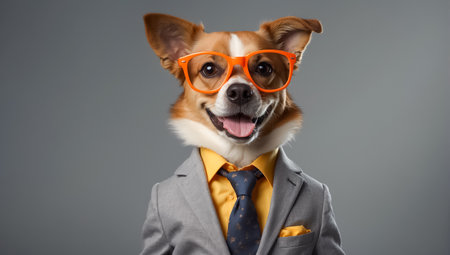 Funny dog in a business suit and glasses on a gray backgroundの素材