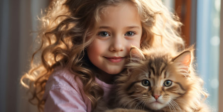Portrait of a cute little girl with long wavy hair and a catの素材