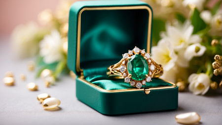 jewelry ring with green emerald and jasmine flowersの素材