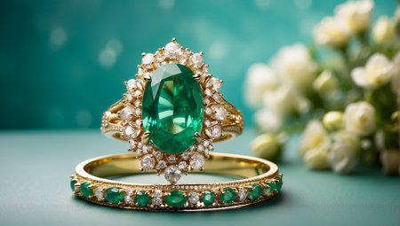 jewelry ring with green emerald and jasmine flowersの素材