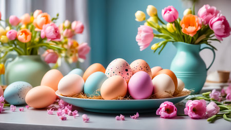 Colorful easter eggs in a bowl with tulips on a blue backgroundの素材