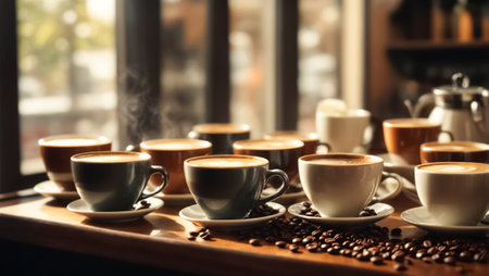 Cups of aromatic coffee on wooden table in cafe, closeupの素材