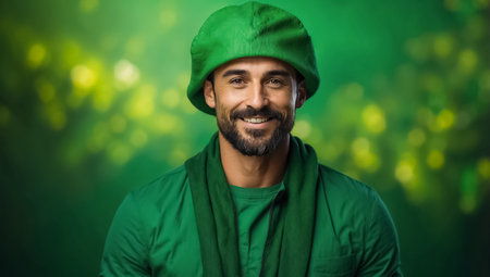 Portrait of a smiling man in a green hat on a green backgroundの素材