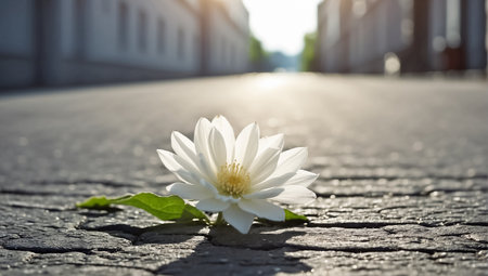 Purple flower on the pavement with a car in the background.の素材