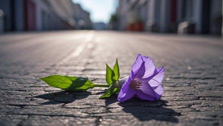 Purple flower on the pavement with a car in the background.の素材