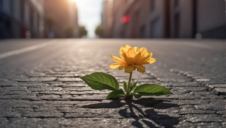 Purple flower on the pavement with a car in the background.の素材