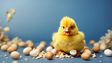 Cute yellow chicken and eggs on blue background. Easter concept.の素材
