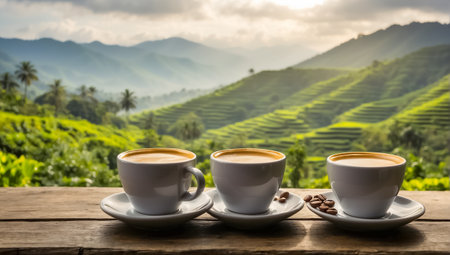 Red cups of coffee on wooden table in front of tea plantation backgroundの素材