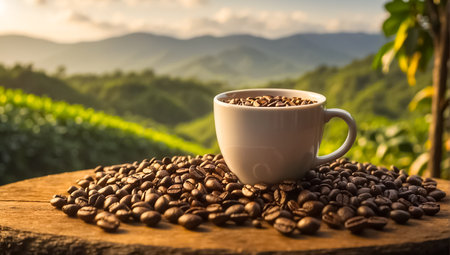 Red cups of coffee on wooden table in front of tea plantation backgroundの素材