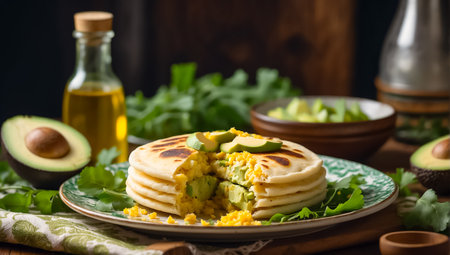 Avocado scrambled eggs with corn tortillas on rustic wooden backgroundの素材