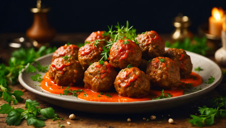 Meatballs with tomato sauce and parsley in a frying pan.の素材