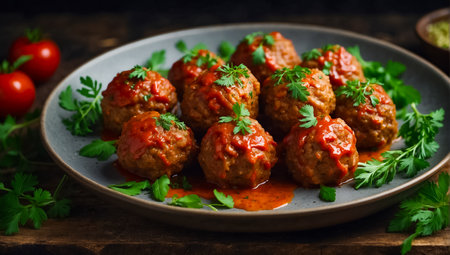 Meatballs with tomato sauce and parsley in a frying pan.の素材