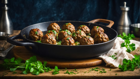 Meatballs with mashed potatoes and parsley in a frying pan.の素材