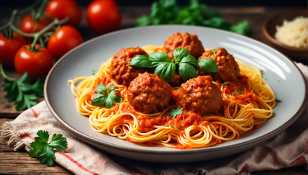 Spaghetti with meatballs and tomato sauce in a frying pan.の素材