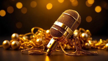 Golden microphone on a dark background with bokeh effect. Music concept.の素材