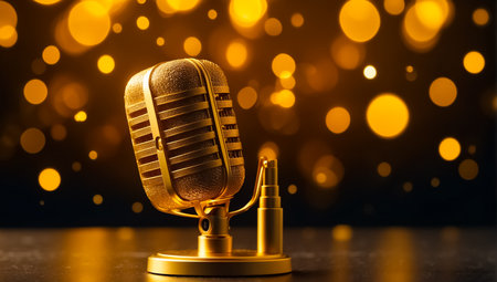 Golden microphone on a dark background with bokeh effect. Music concept.の素材