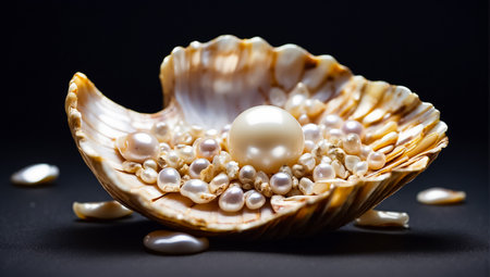 Beautiful pearl in the shell on a black background. Selective focus.の素材