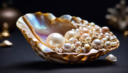 Beautiful pearl in the shell on a black background. Selective focus.の素材